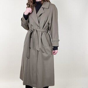 Vintage Union Made Virgin Wool Oversized Trench Coat Rain Jacket Belted Preppy